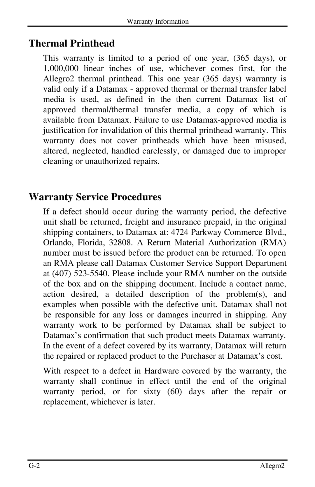 Datamax Allegro 2 manual Thermal Printhead, Warranty Service Procedures 