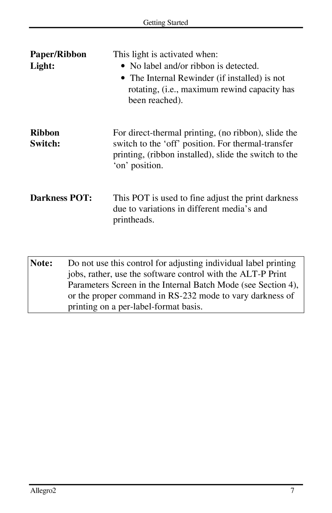 Datamax Allegro 2 manual Paper/Ribbon, Light, Switch, Darkness POT 