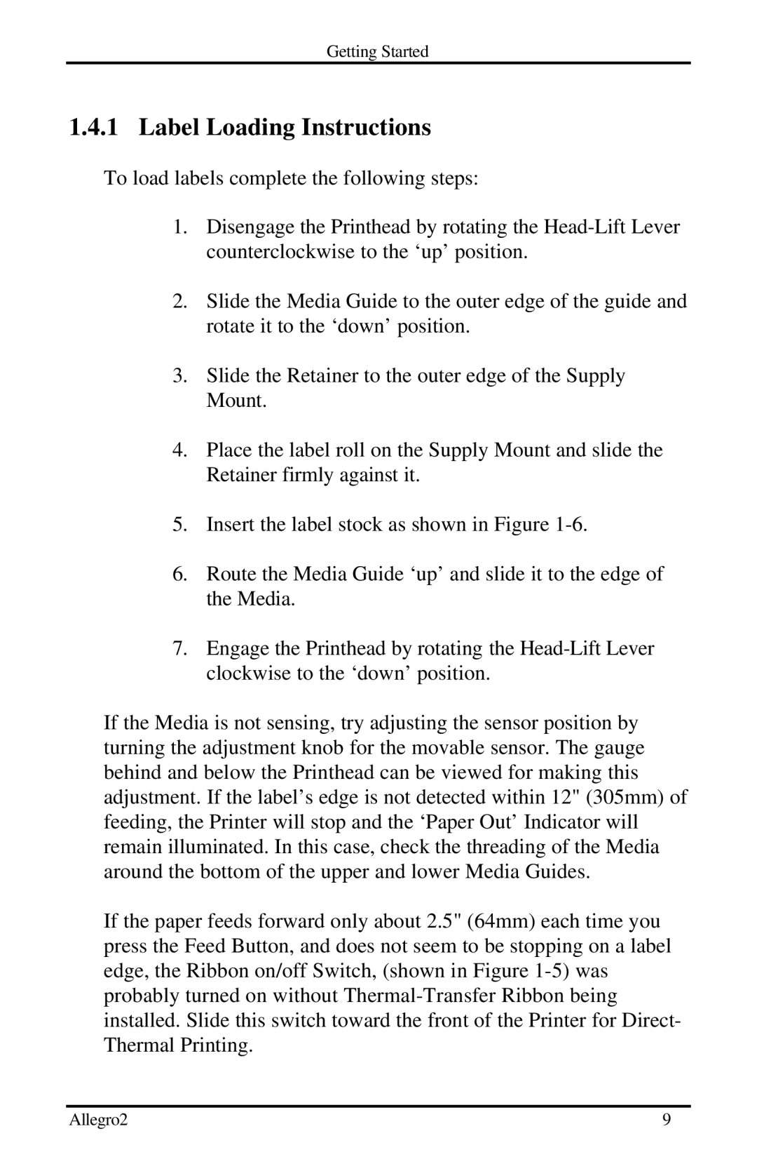 Datamax Allegro 2 manual Label Loading Instructions 