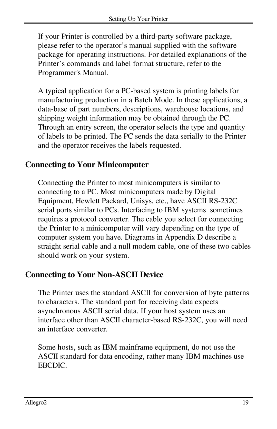 Datamax Allegro 2 manual Connecting to Your Minicomputer, Connecting to Your Non-ASCII Device 