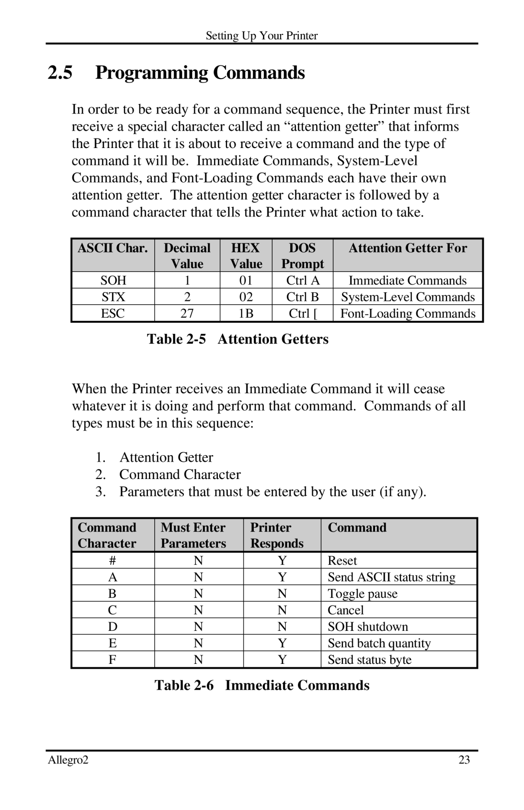 Datamax Allegro 2 manual Programming Commands, Immediate Commands 