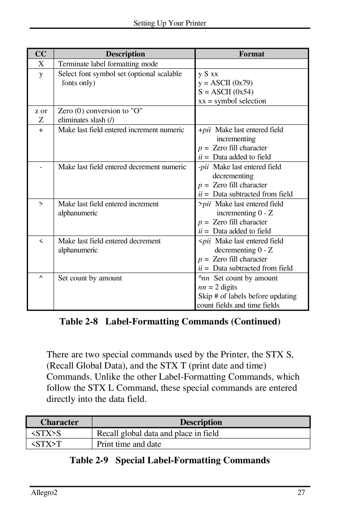 Datamax Allegro 2 manual Special Label-Formatting Commands 