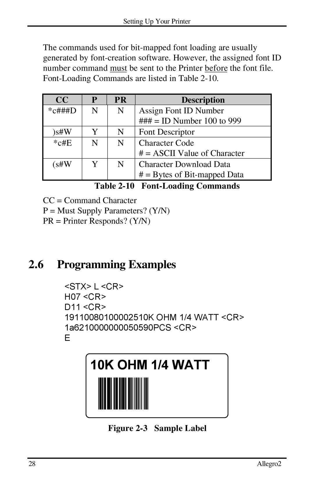 Datamax Allegro 2 manual Programming Examples, Font-Loading Commands 