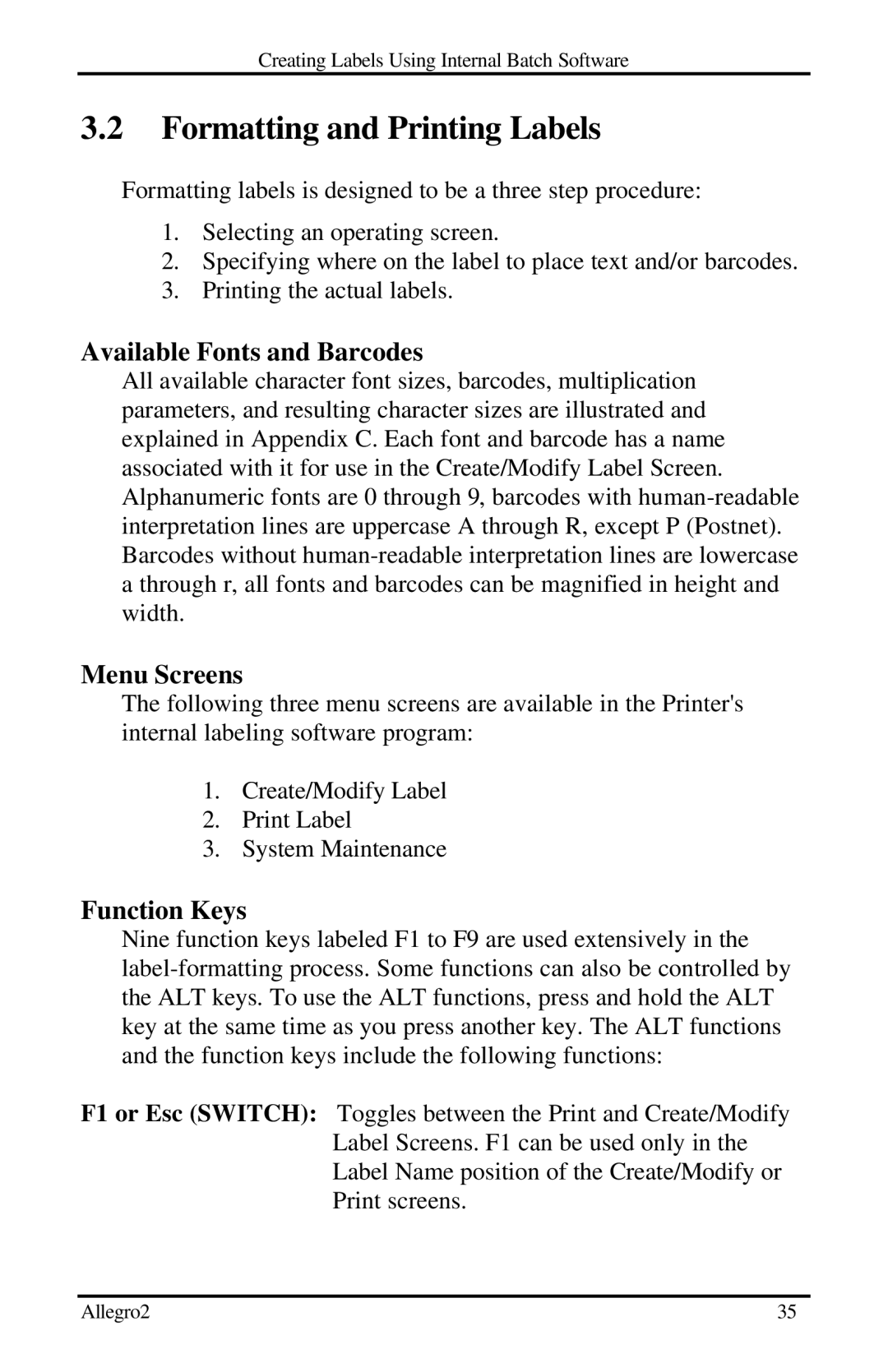 Datamax Allegro 2 manual Formatting and Printing Labels, Available Fonts and Barcodes, Menu Screens, Function Keys 