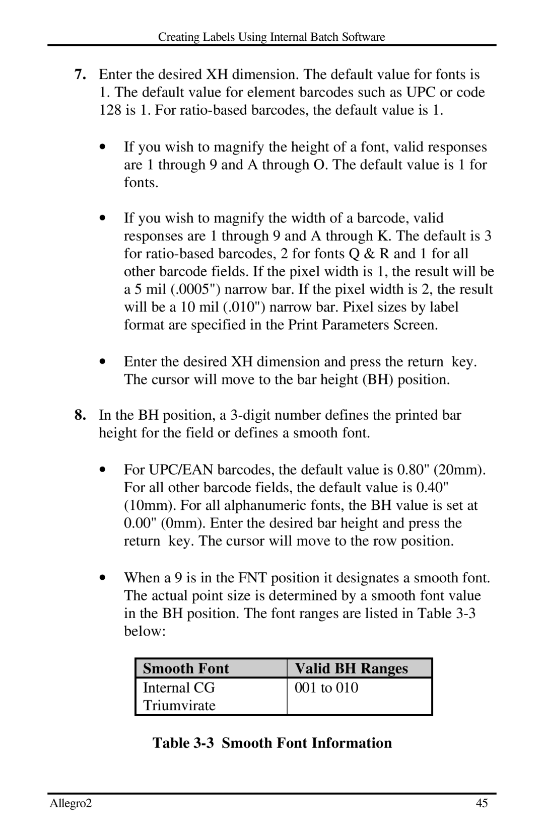 Datamax Allegro 2 manual Smooth Font Valid BH Ranges, Smooth Font Information 