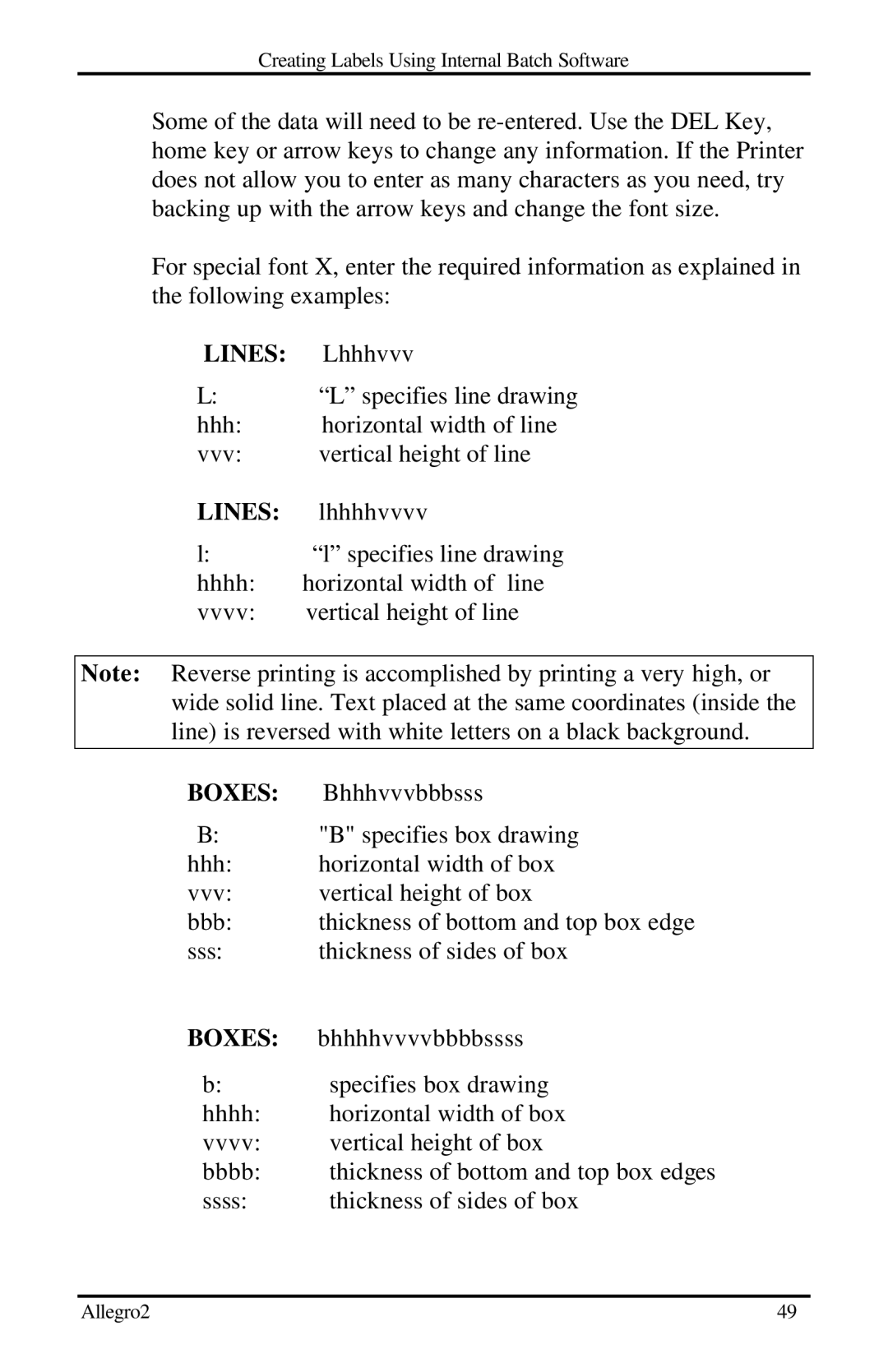 Datamax Allegro 2 manual Lines Lhhhvvv 