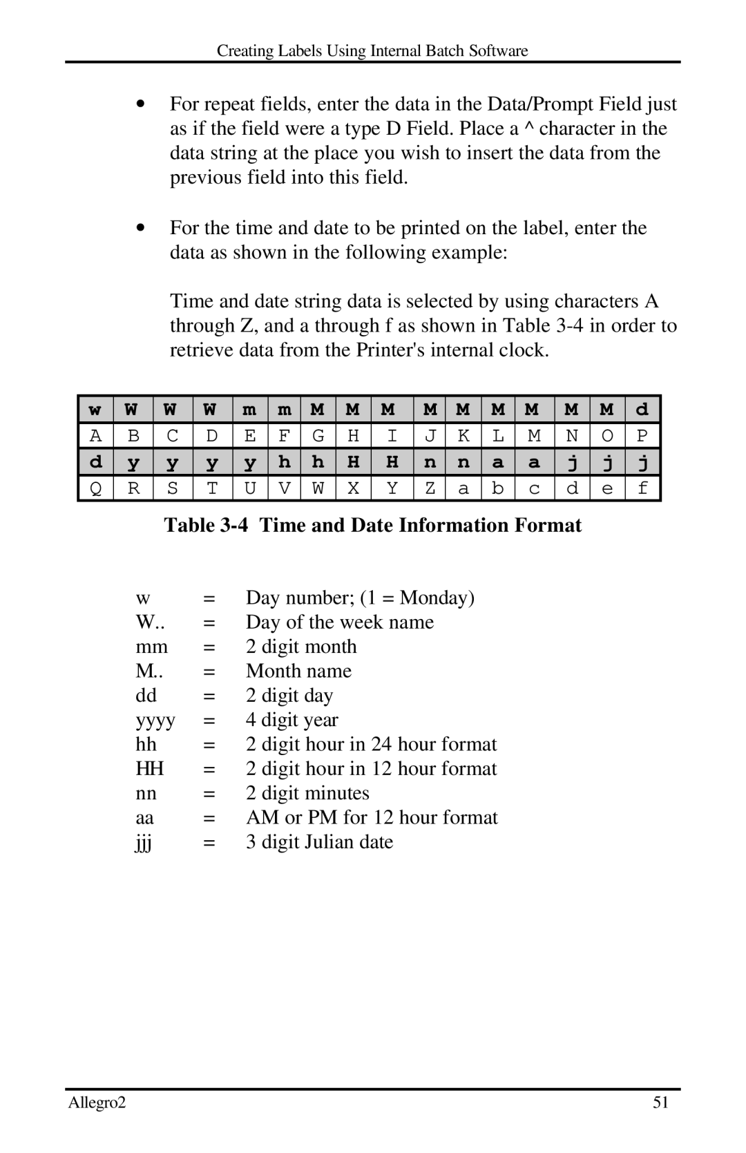 Datamax Allegro 2 manual Time and Date Information Format, = Day number 1 = Monday 