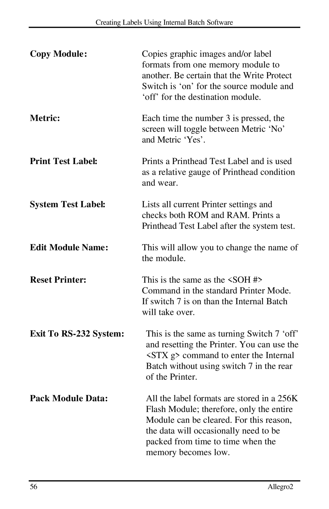 Datamax Allegro 2 manual Copy Module, Metric, Print Test Label, System Test Label, Edit Module Name, Reset Printer 