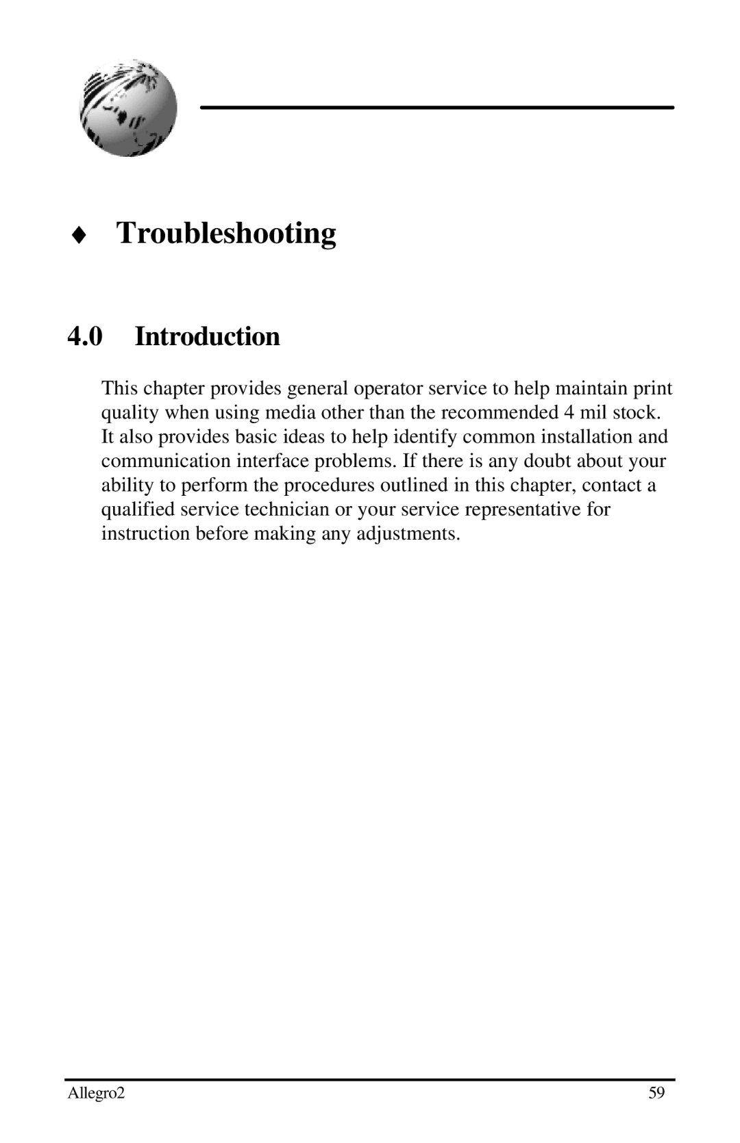 Datamax Allegro 2 manual Troubleshooting, Introduction 