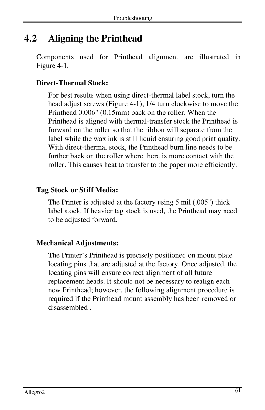 Datamax Allegro 2 manual Aligning the Printhead, Direct-Thermal Stock, Tag Stock or Stiff Media, Mechanical Adjustments 