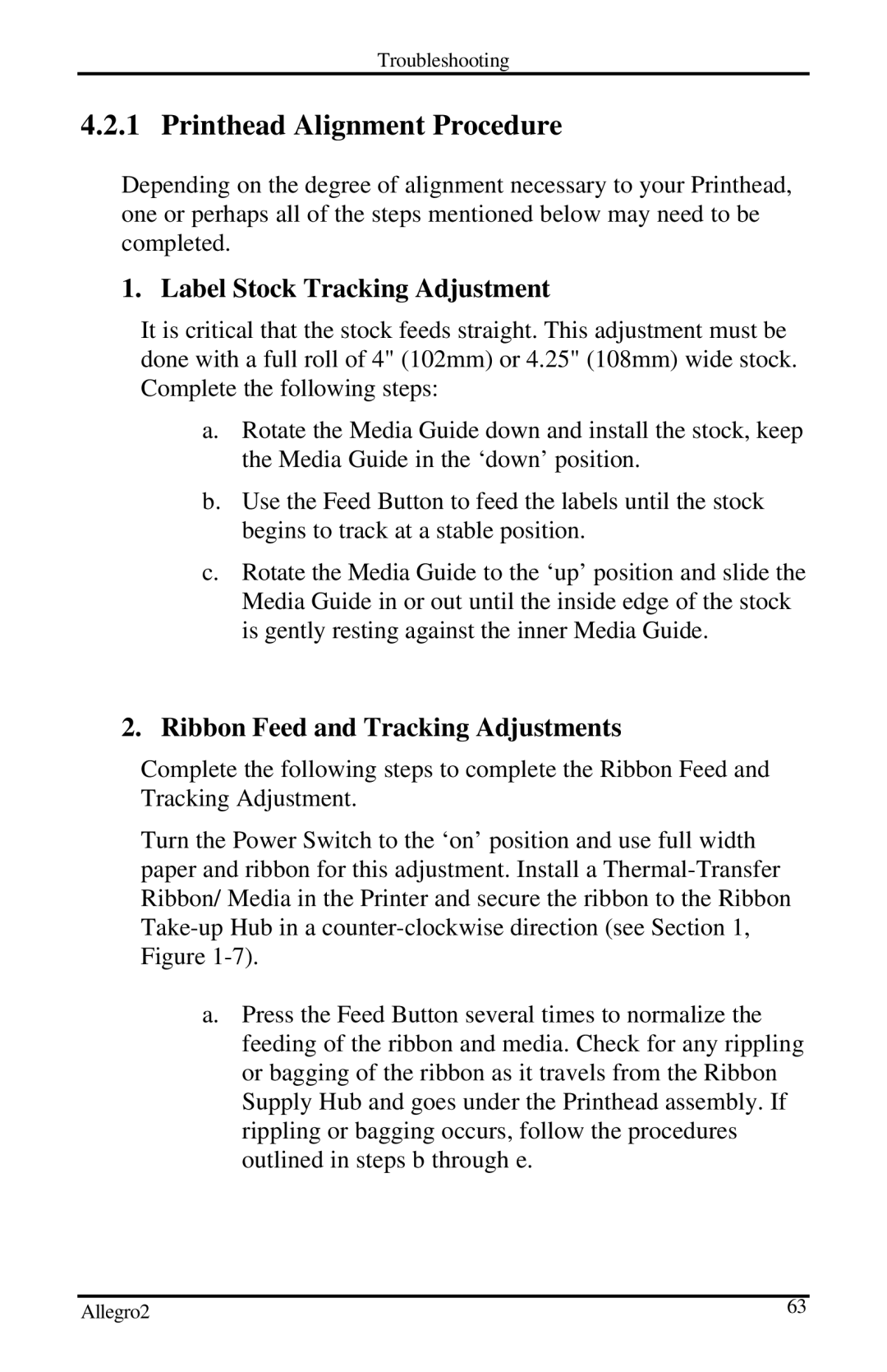 Datamax Allegro 2 Printhead Alignment Procedure, Label Stock Tracking Adjustment, Ribbon Feed and Tracking Adjustments 