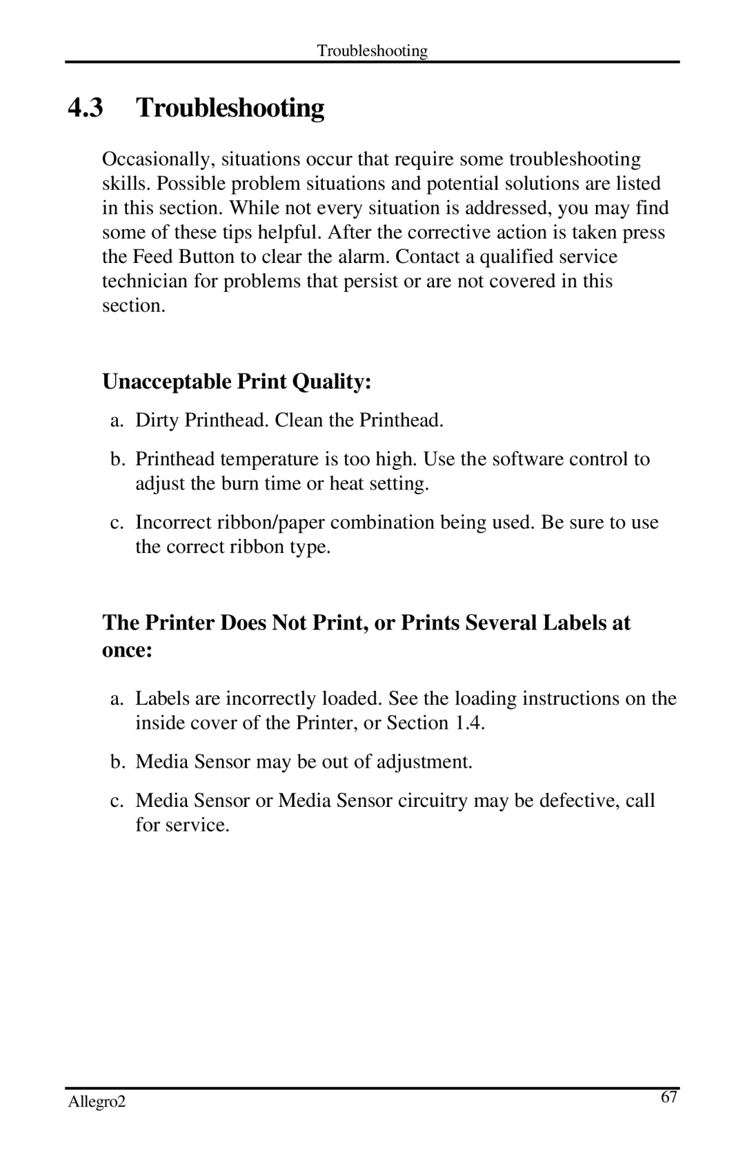 Datamax Allegro 2 Troubleshooting, Unacceptable Print Quality, Printer Does Not Print, or Prints Several Labels at once 