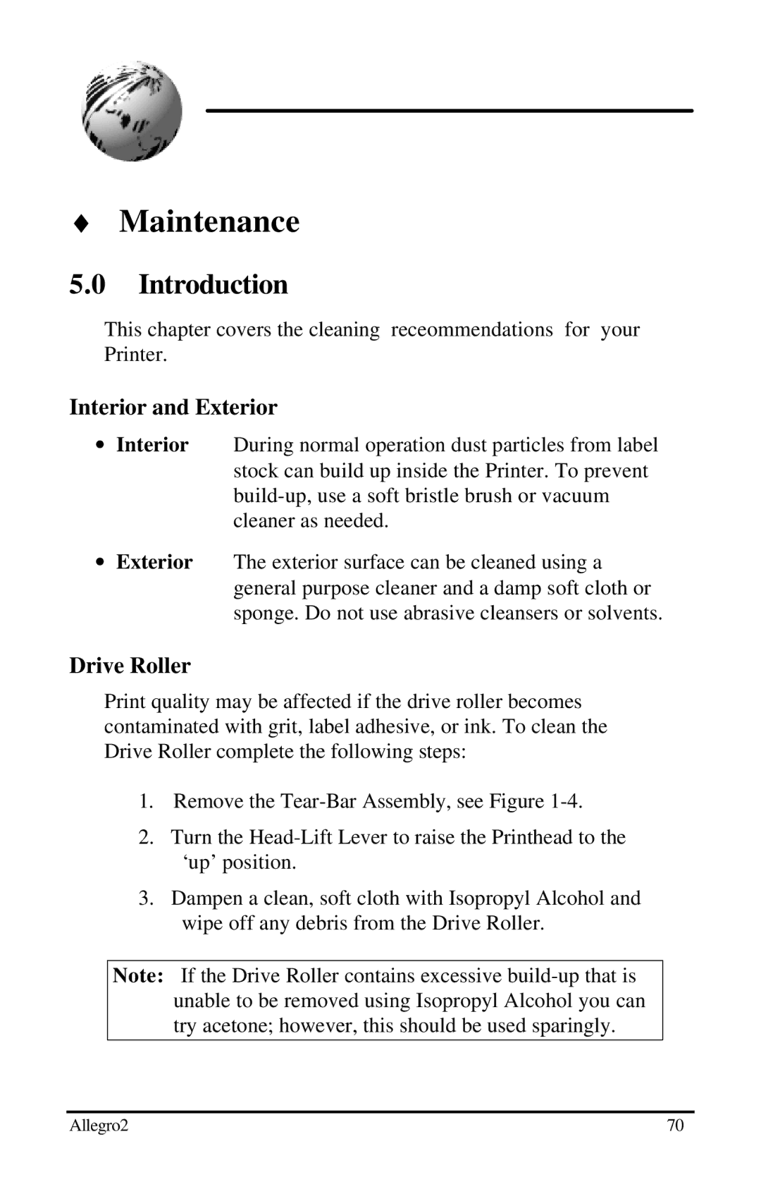 Datamax Allegro 2 manual Maintenance, Interior and Exterior, Drive Roller 