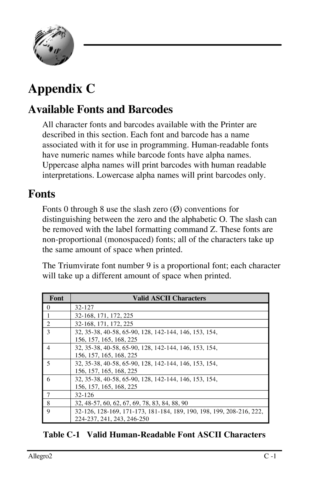 Datamax Allegro 2 manual Appendix C, Available Fonts and Barcodes, Table C-1 Valid Human-Readable Font Ascii Characters 