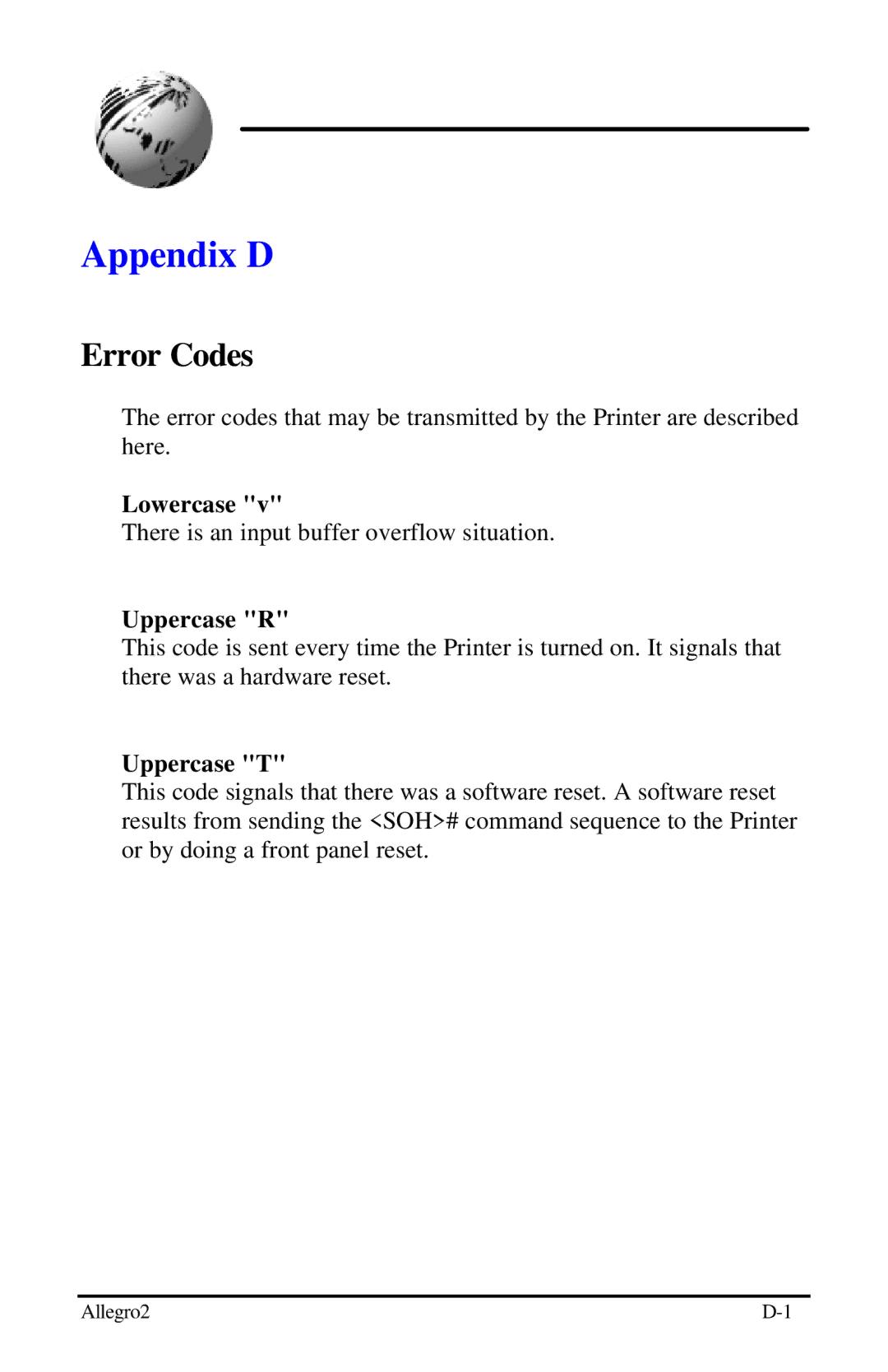 Datamax Allegro 2 manual Error Codes, Lowercase, Uppercase R, Uppercase T 