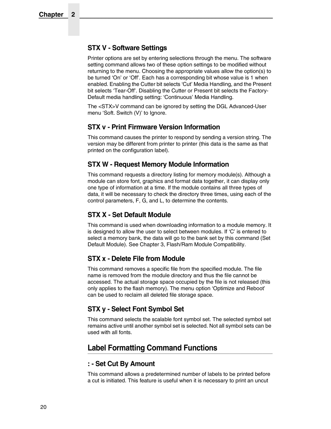 Datamax DGL STX V Software Settings, STX v Print Firmware Version Information, STX W Request Memory Module Information 