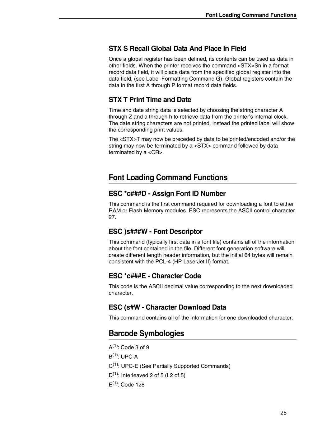 Datamax DGL manual STX S Recall Global Data And Place In Field, STX T Print Time and Date, ESC *c###D Assign Font ID Number 