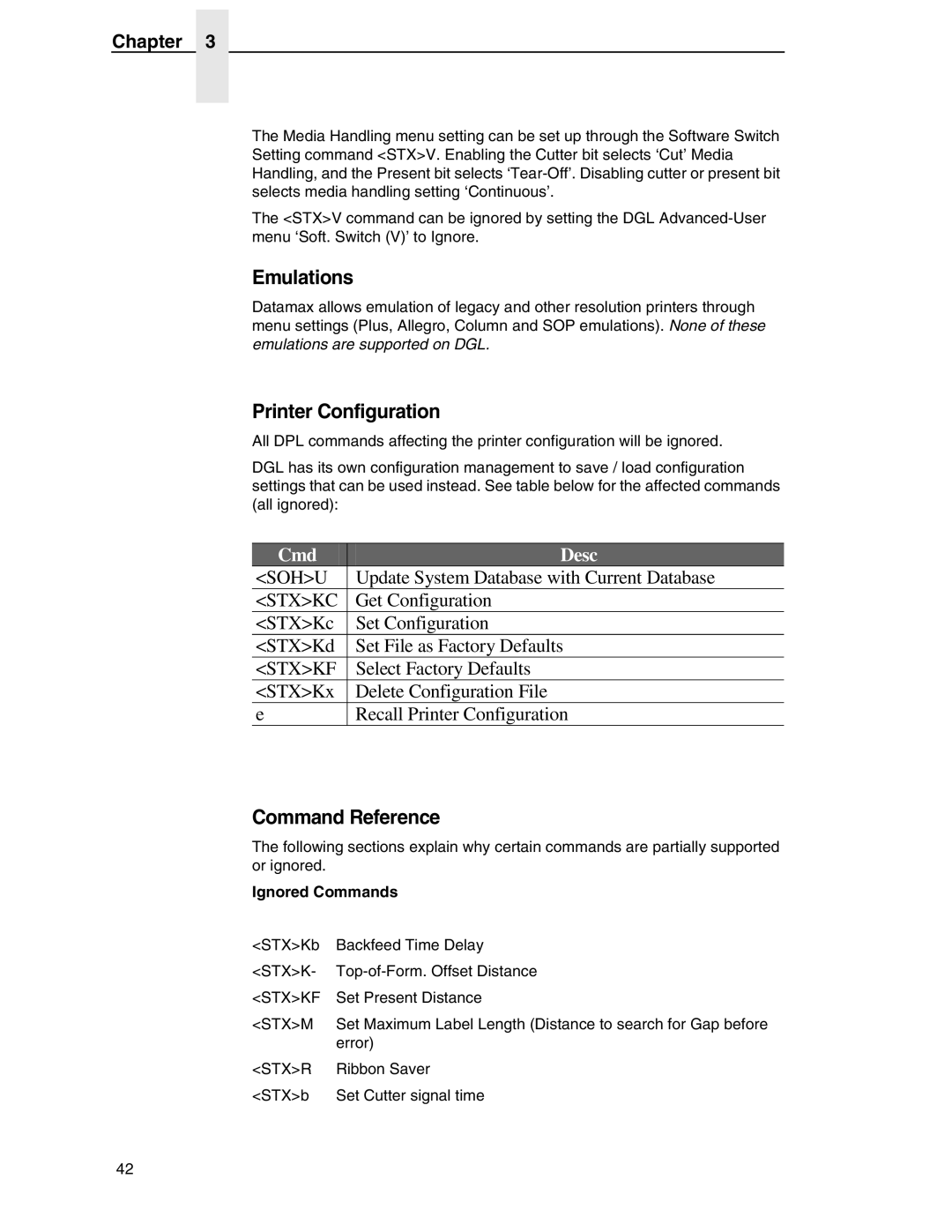 Datamax DGL manual Emulations, Printer Configuration, Command Reference, Ignored Commands 