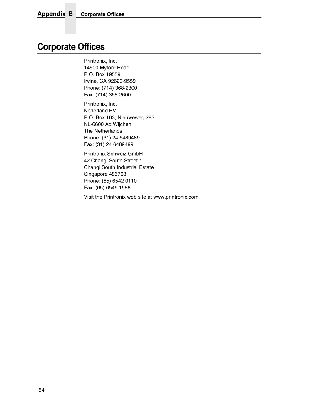 Datamax DGL manual Appendix B Corporate Offices 