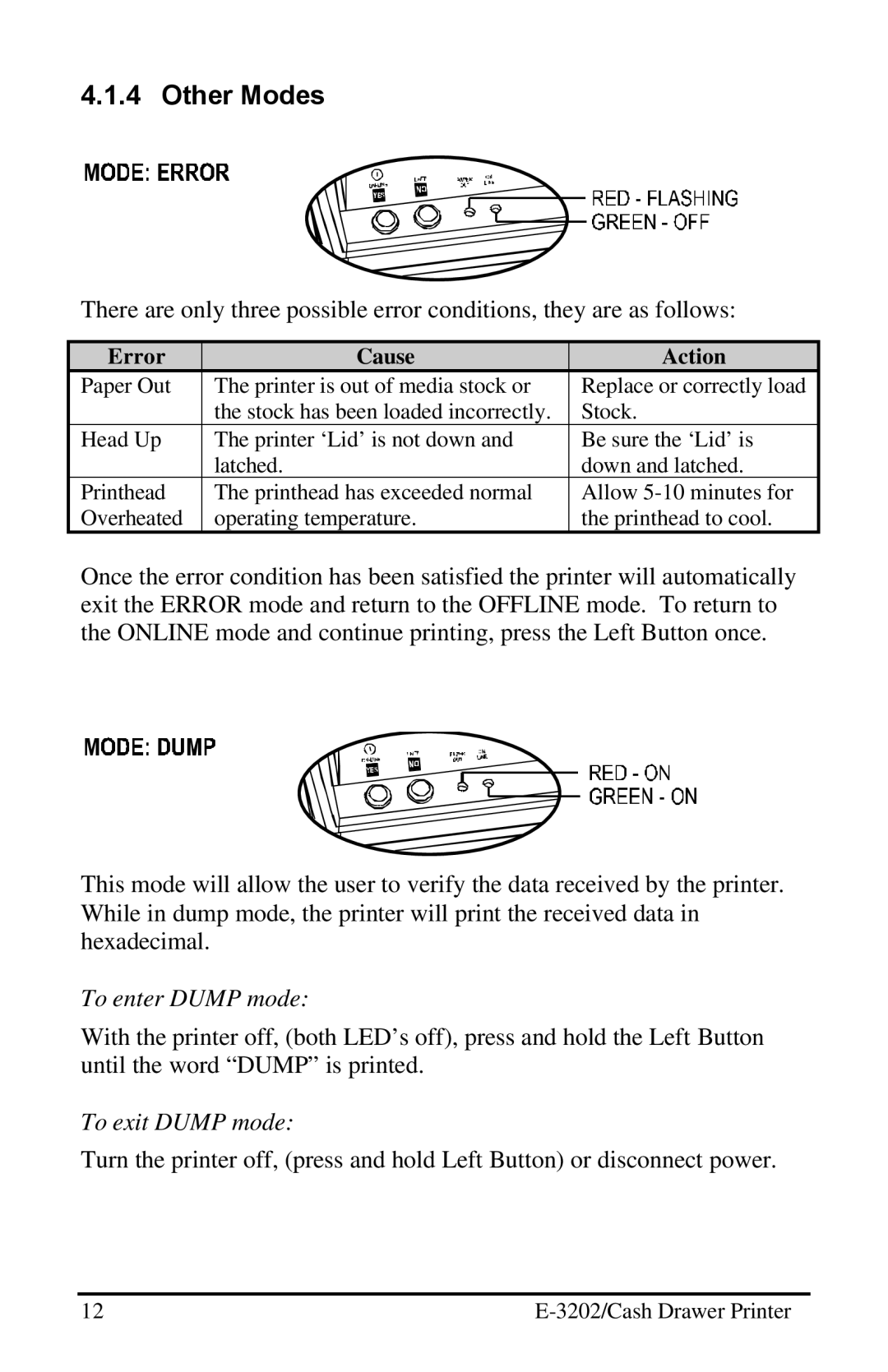 Datamax E-3202 manual Other Modes, Error Cause Action 