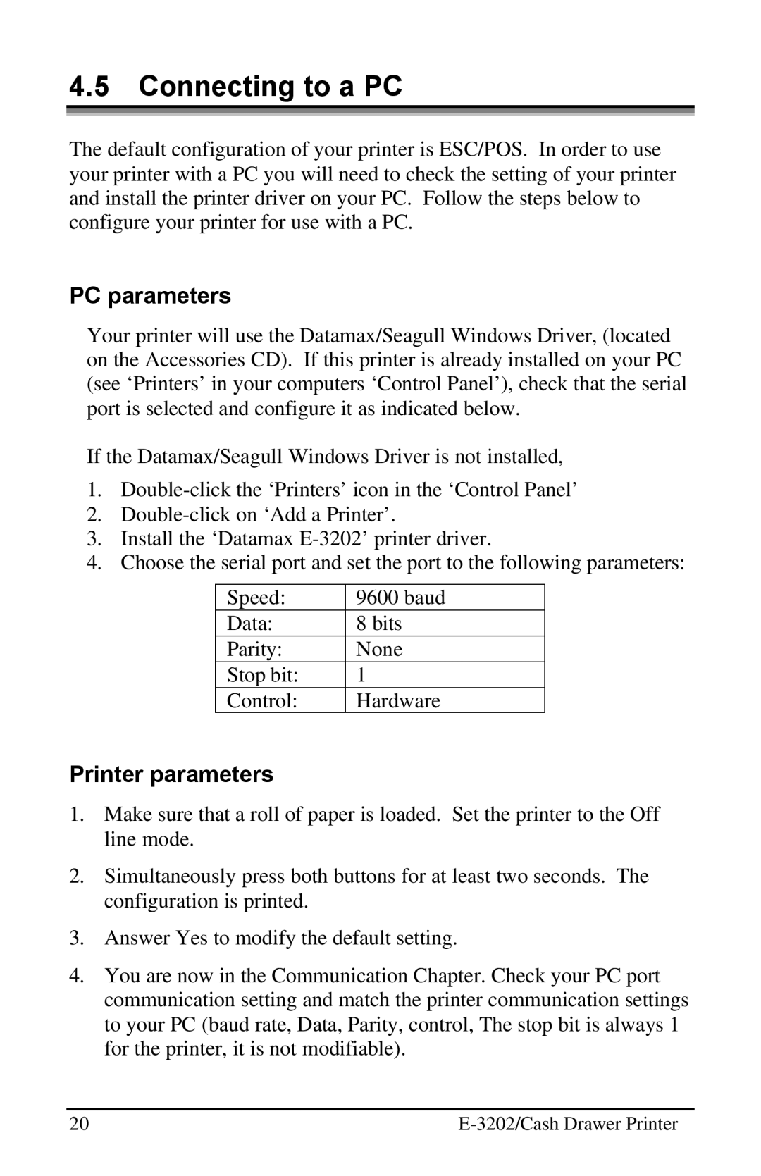 Datamax E-3202 manual Connecting to a PC, PC parameters, Printer parameters 