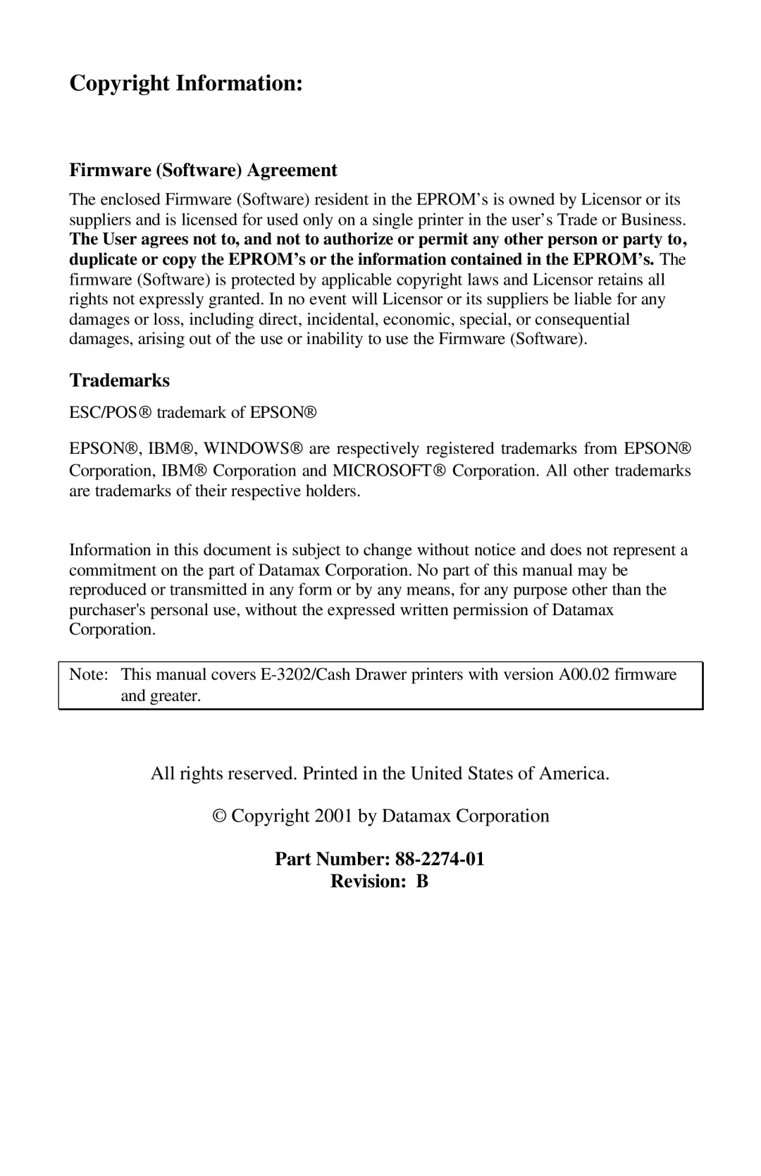 Datamax E-3202 manual Copyright Information 