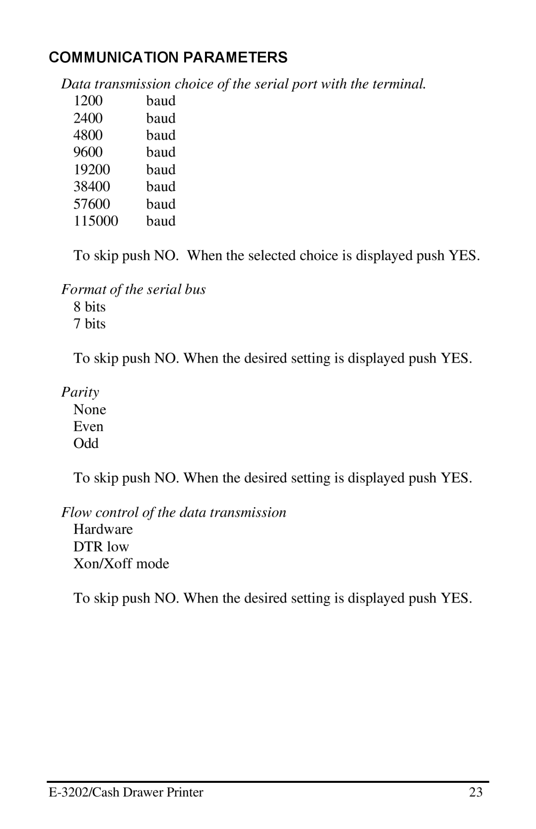 Datamax E-3202 manual Communication Parameters 