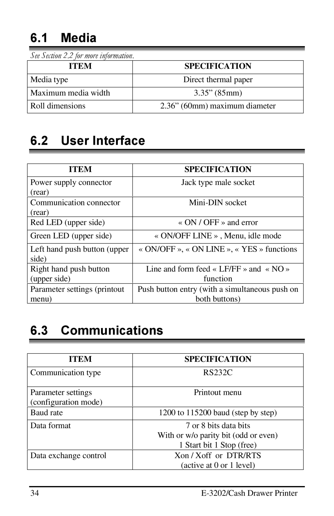 Datamax E-3202 manual Media, User Interface, Communications 