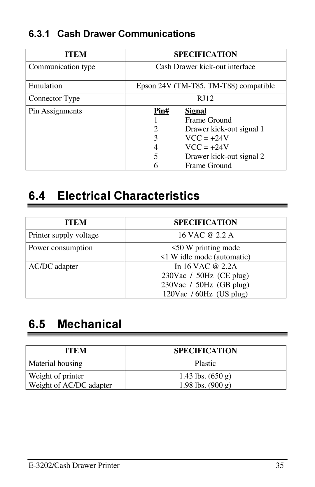 Datamax E-3202 manual Electrical Characteristics, Mechanical, Cash Drawer Communications 