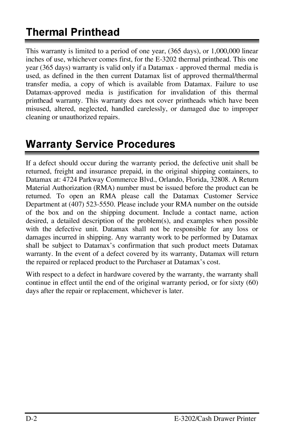 Datamax E-3202 manual Thermal Printhead, Warranty Service Procedures 