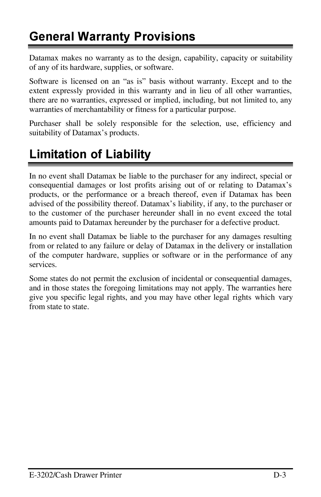 Datamax E-3202 manual General Warranty Provisions, Limitation of Liability 