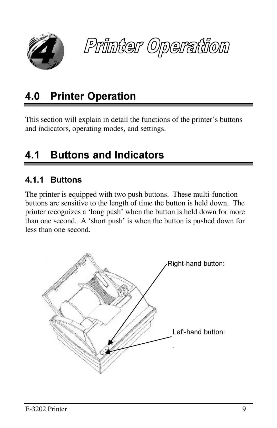 Datamax E-3202 manual Printer Operation, Buttons and Indicators 