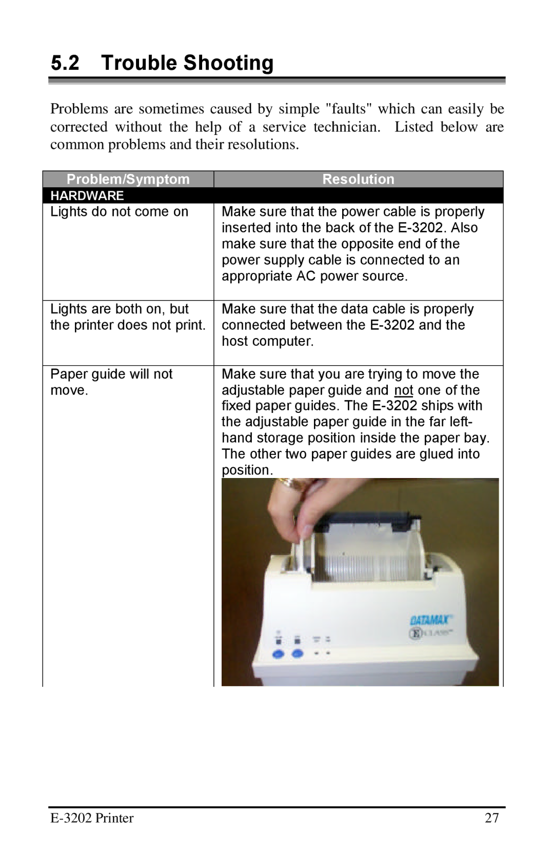 Datamax E-3202 manual Trouble Shooting, Resolution 