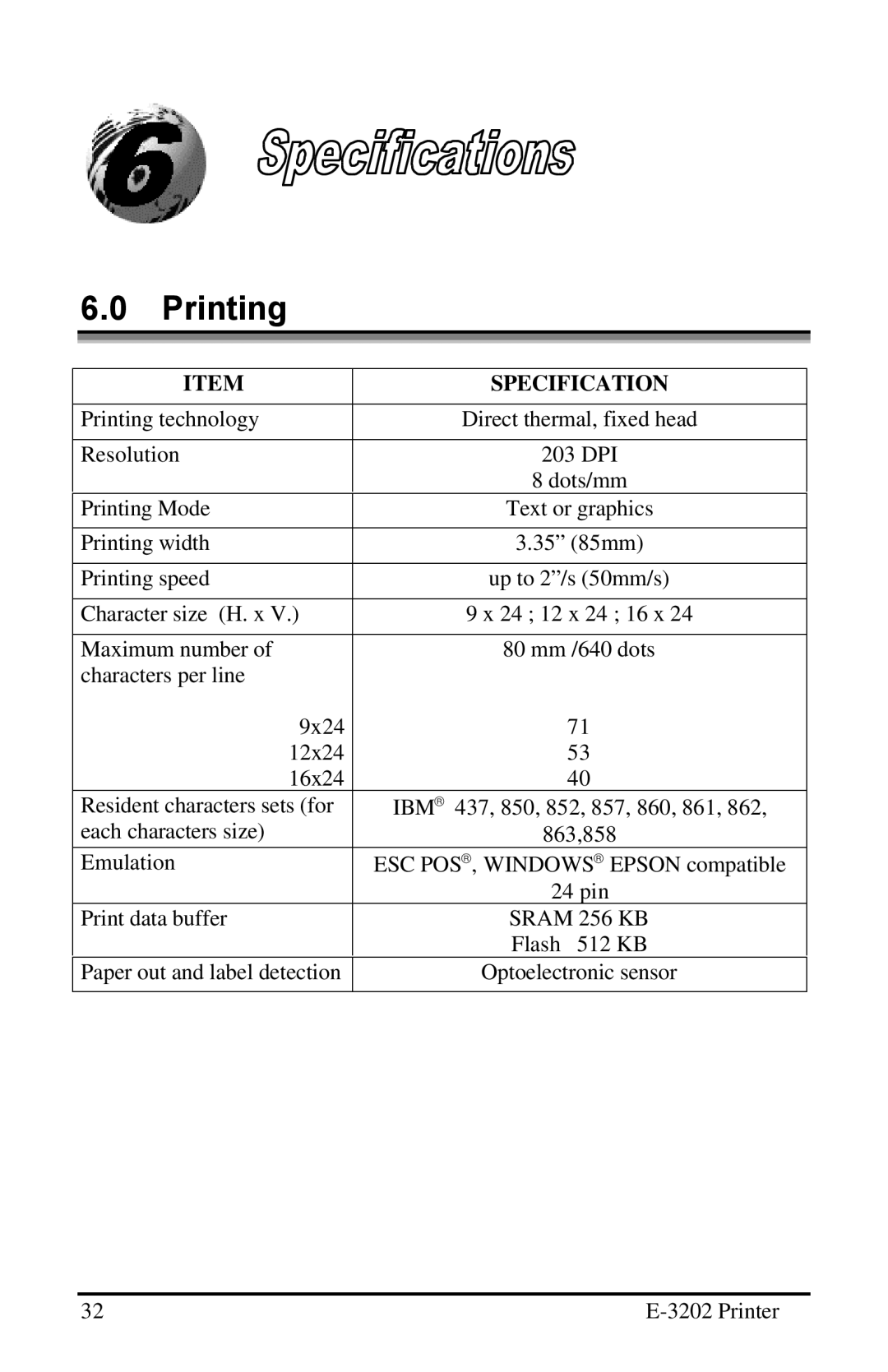 Datamax E-3202 manual Printing, Specification 