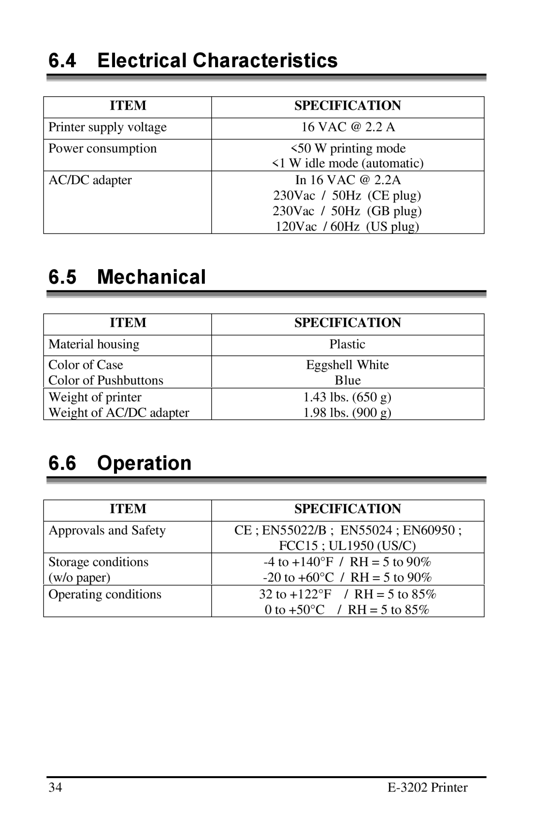 Datamax E-3202 manual Electrical Characteristics, Mechanical, Operation 