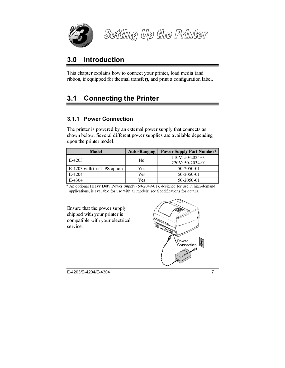 Datamax E-4304e, E-4203, E-4204 manual Connecting the Printer, Power Connection 