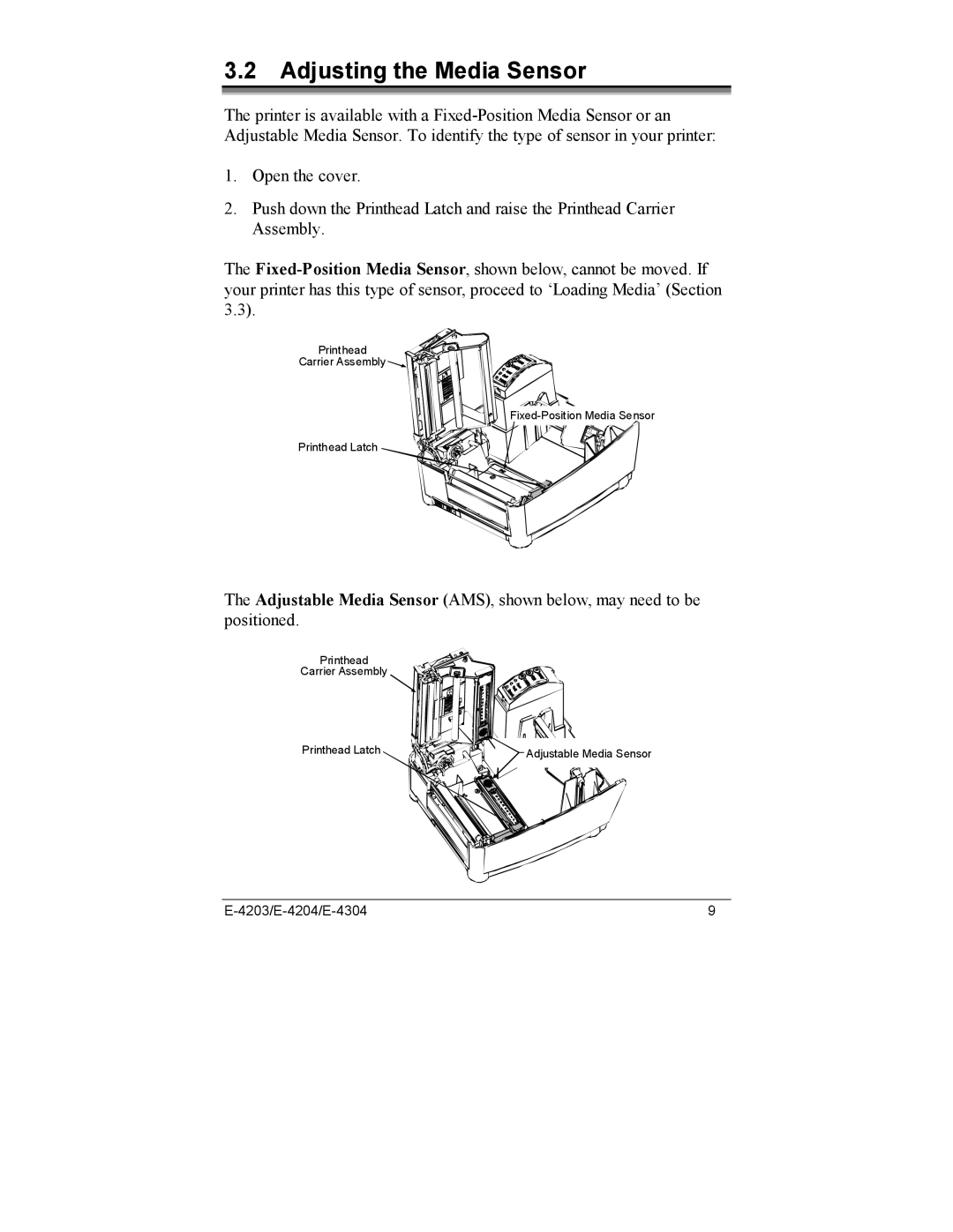 Datamax E-4204, E-4203, E-4304e manual Adjusting the Media Sensor 