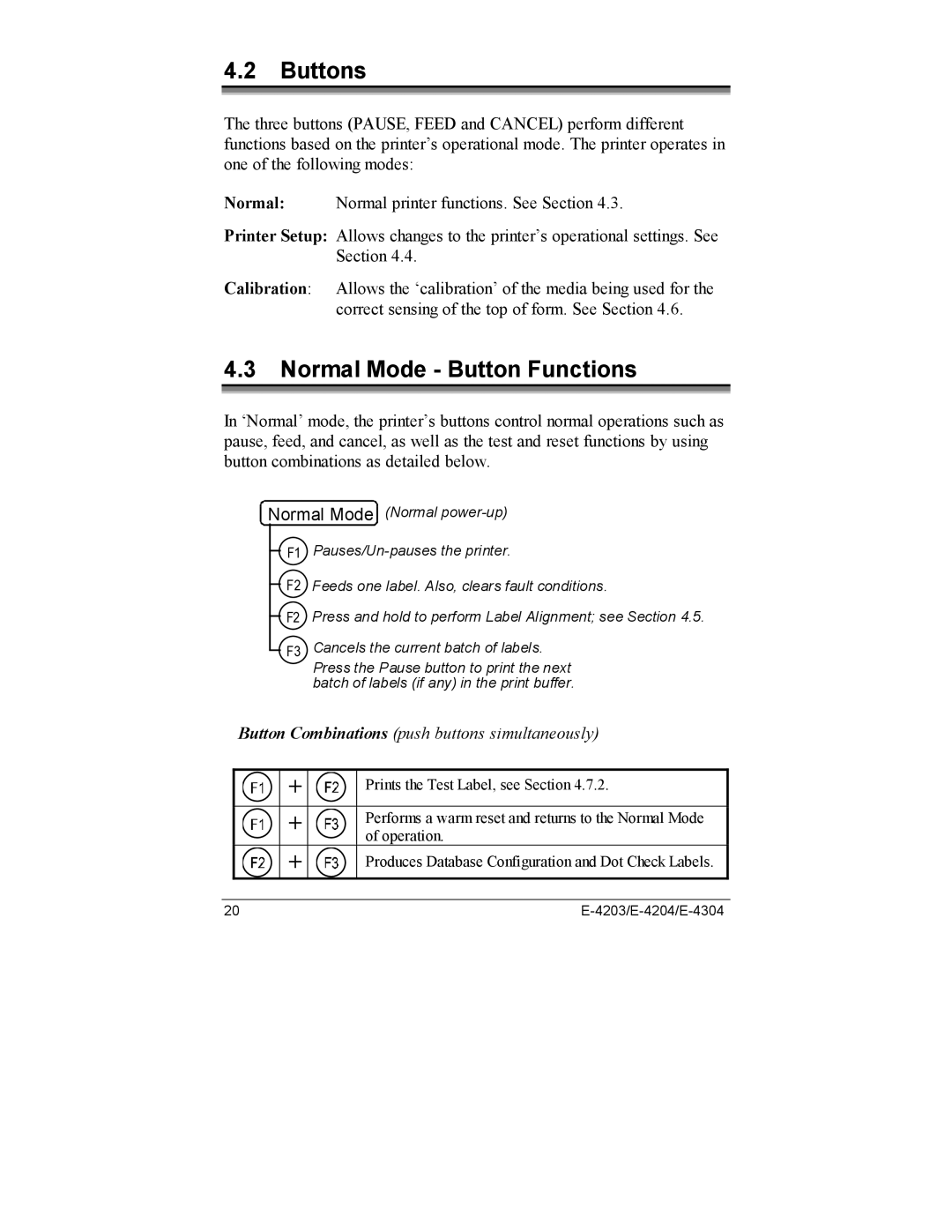 Datamax E-4203, E-4204, E-4304e manual Buttons, Normal Mode Button Functions 