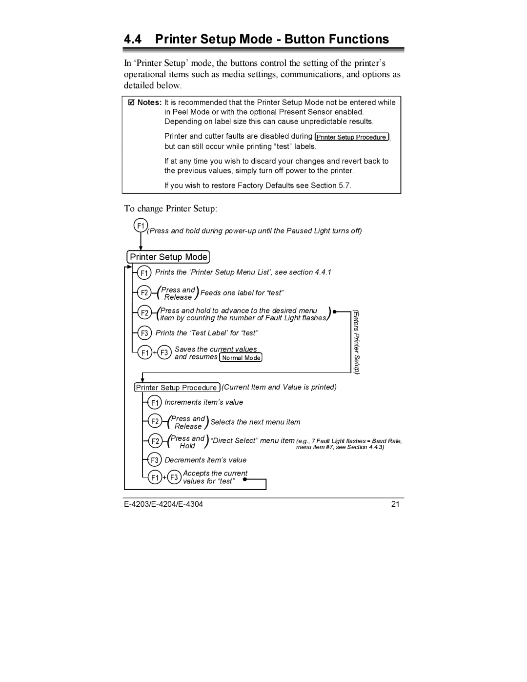 Datamax E-4204, E-4203, E-4304e manual Printer Setup Mode Button Functions, To change Printer Setup 