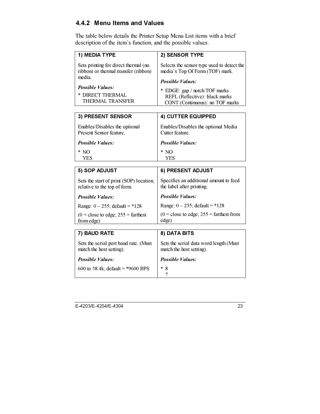 Datamax E-4203, E-4204, E-4304e manual Menu Items and Values, Media Type Sensor Type 