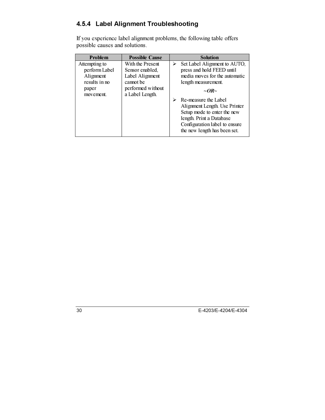 Datamax E-4204, E-4203, E-4304e manual Label Alignment Troubleshooting, Problem Possible Cause Solution 