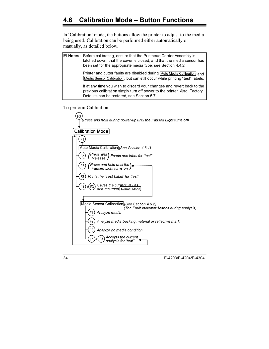 Datamax E-4304e, E-4203, E-4204 manual Calibration Mode Button Functions, To perform Calibration 