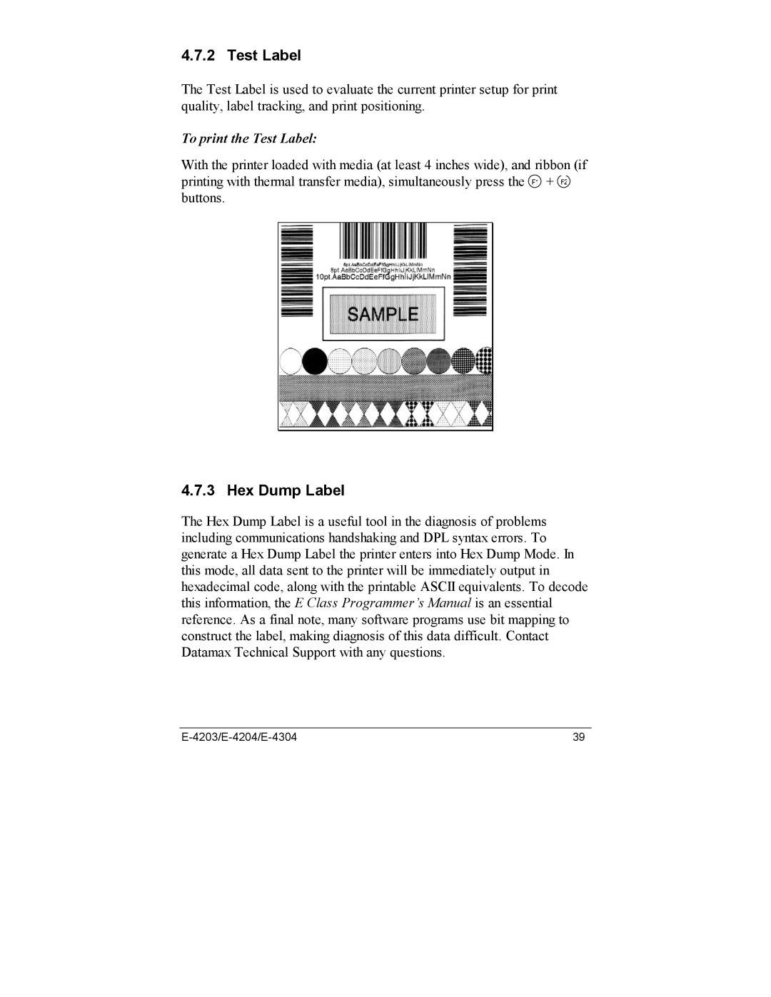 Datamax E-4204, E-4203, E-4304e manual Test Label, Hex Dump Label 