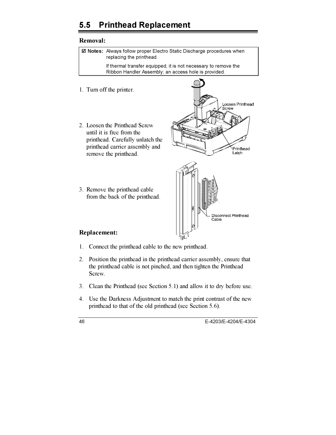 Datamax E-4304e, E-4203, E-4204 manual Printhead Replacement, Removal 