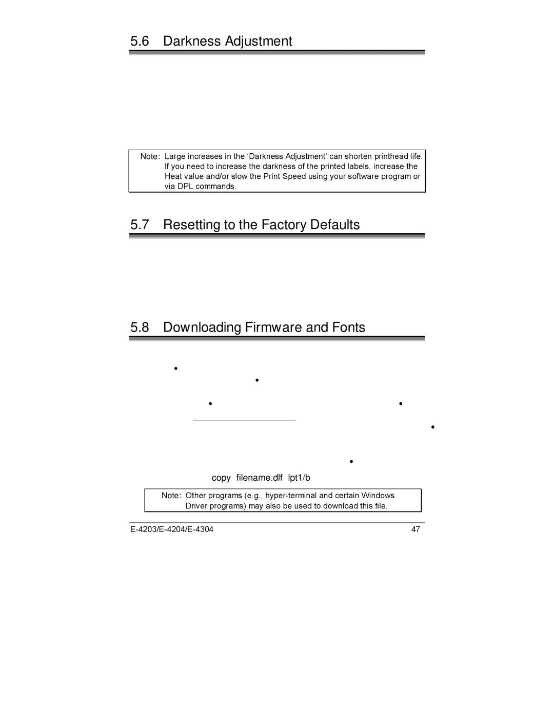 Datamax E-4203, E-4204, E-4304e manual Darkness Adjustment, Resetting to the Factory Defaults, Downloading Firmware and Fonts 