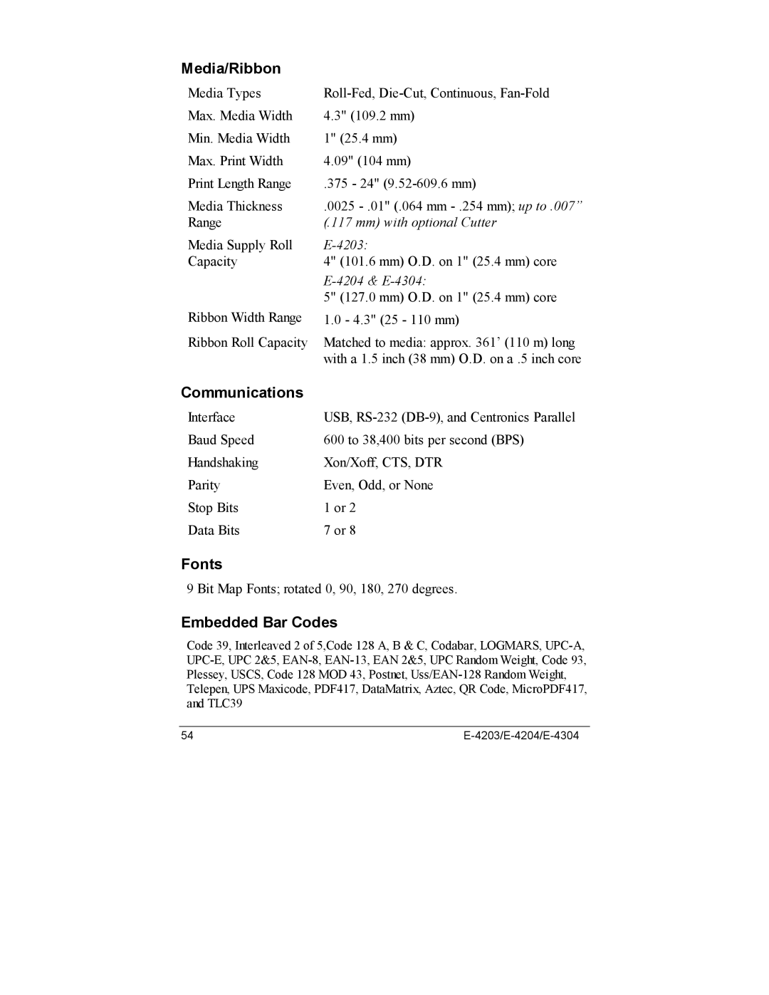 Datamax E-4204, E-4203, E-4304e manual Media/Ribbon, Communications, Fonts, Embedded Bar Codes 