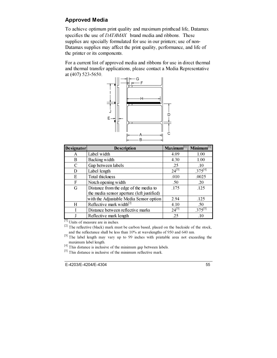 Datamax E-4304e, E-4203, E-4204 manual Approved Media, Designator Description Maximum1 Minimum1 