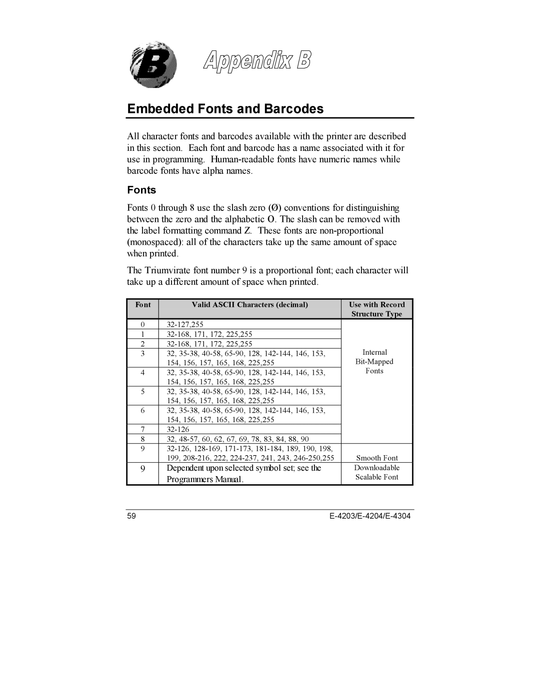 Datamax E-4203, E-4204, E-4304e manual Embedded Fonts and Barcodes, Font Valid Ascii Characters decimal Use with Record 