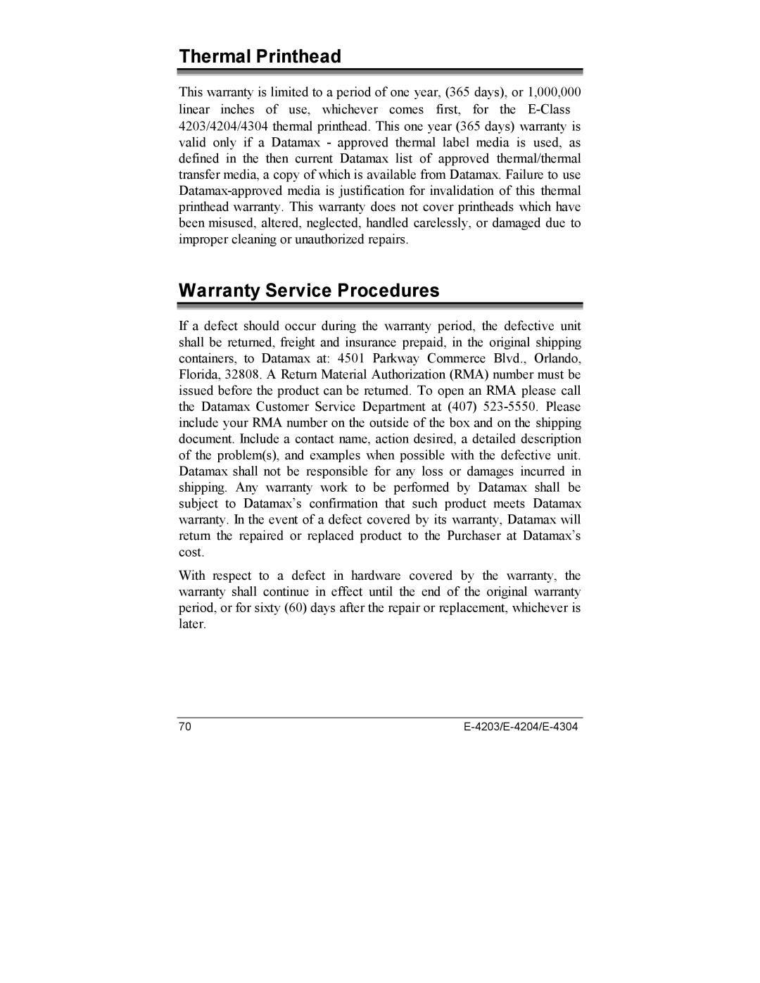 Datamax E-4304e, E-4203, E-4204 manual Thermal Printhead, Warranty Service Procedures 