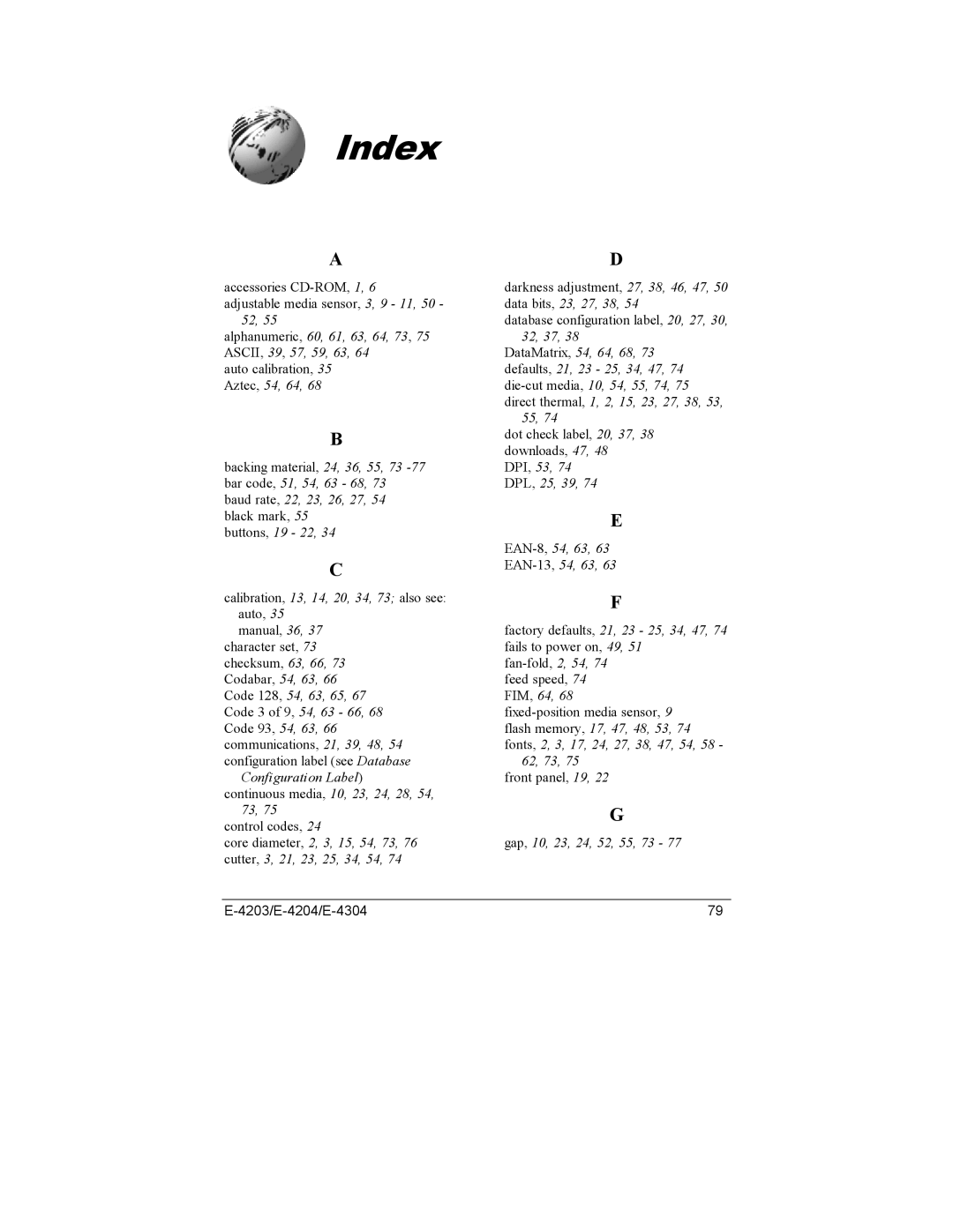 Datamax E-4304e, E-4203, E-4204 manual Index 